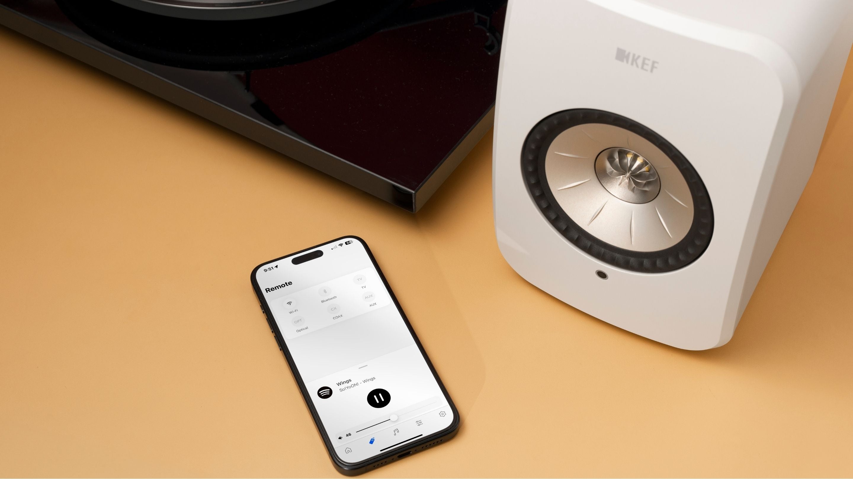 Close of up of the KEF LSX II LT wireless speaker at a downward angle 