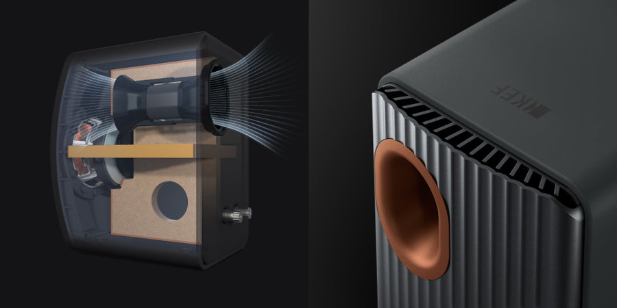 cut-away image showing the internal build and rear port of a KEF LS50 Meta loudspeaker