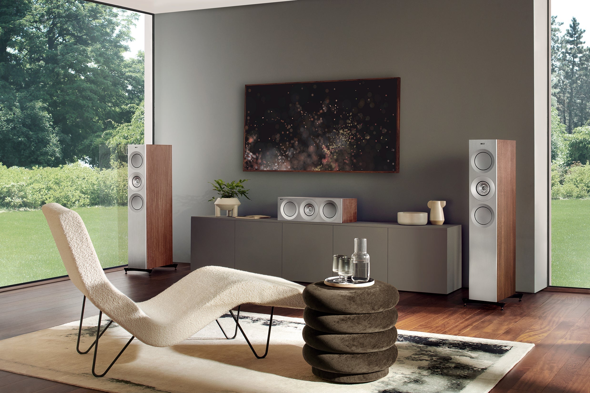 KEF Reference HiFi speaker placed in modern living room